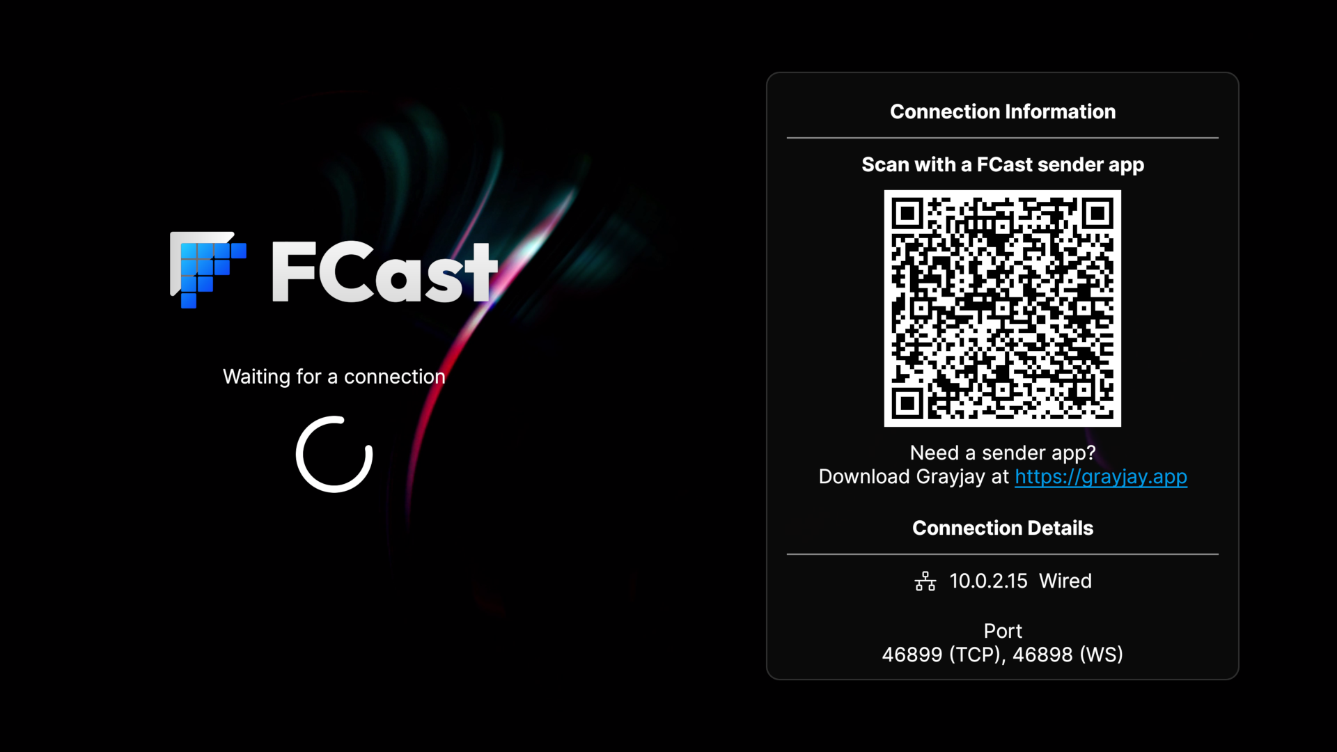 The main window of the FCast Receiver showing the connection information and a loading spinner.
