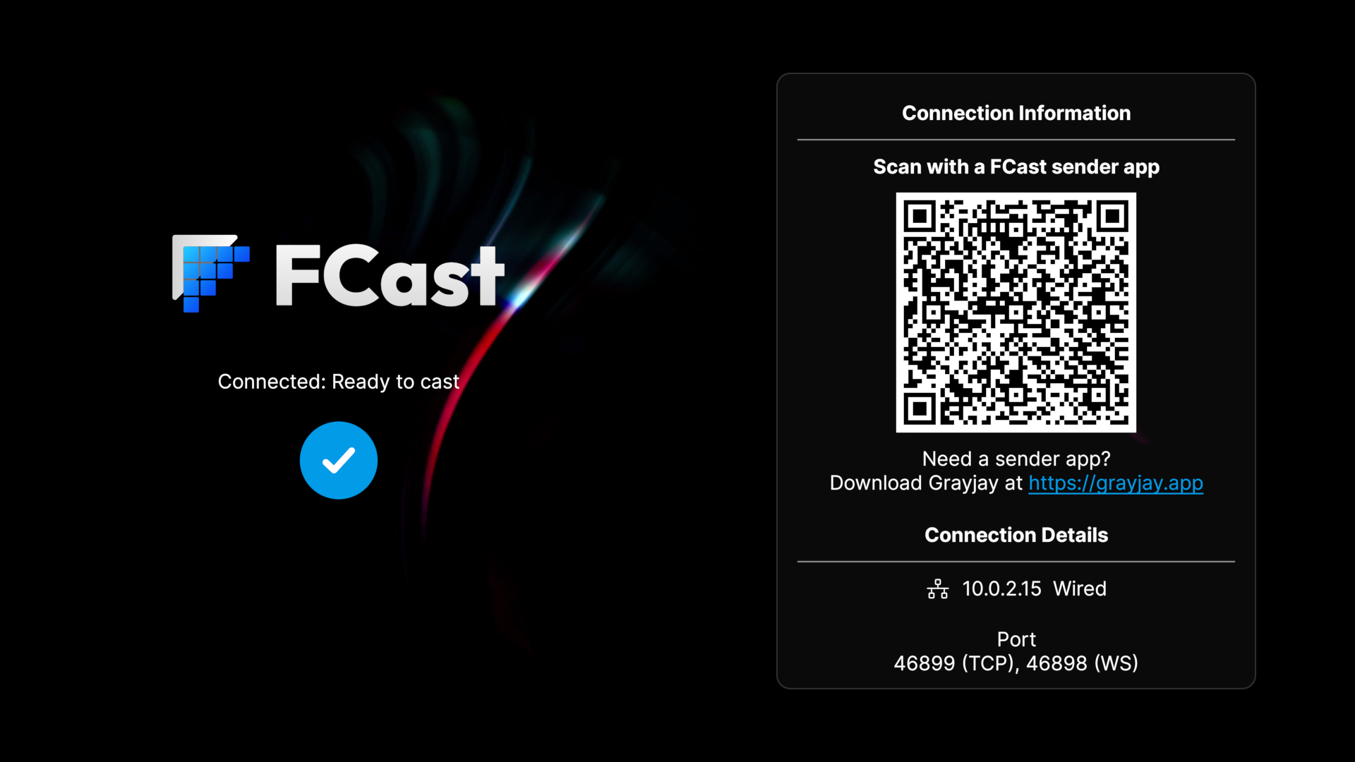 The main window of the FCast Receiver showing a device has been connected.